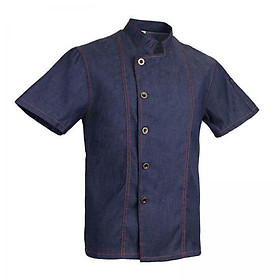 2xUnisex Denim Chef Jacket Coat Short Sleeves Shirt Kitchen Uniform Blue M