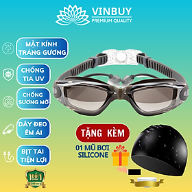 Kính Bơi Tráng Gương kèm bịt tai cao cấp VinBuy chống sương mù, chống tia UV Hàng chính hãng - Tặng kèm nón bơi Silicon (Màu ngẫu nhiên) - Màu Xám