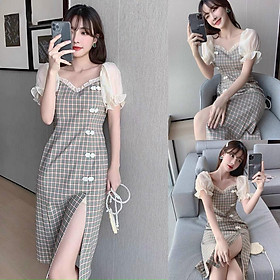 Đầm váy caro phối voan xếp ly xẻ tà xinh xắn thích hợp cho nàng dạo phố, dự tiệc