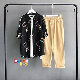 Set Áo Sơ Mi Hoạ Tiết Phối Quần Kaki Dài Dáng Rộng Unisex - MM
