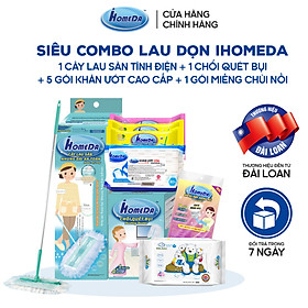 COMBO Siêu tiện lợi IHOMEDA 1 Cây lau đa năng + 1 Chổi quét bụi tĩnh điện + 1 Khăn ướt cồn cao cấp (80 tờ) + 3 Khăn ướt lau sàn kháng khuẩn (2 hương Cam + 1 hương Hoa) (10  tờ)