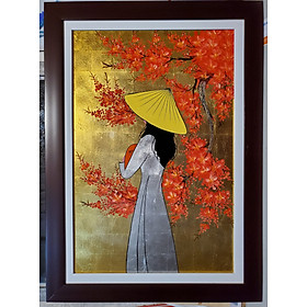 Mua TRANH SƠN MÀI THẾP VÀNG -BẠC   THIẾU NỮ ÁO DÀI