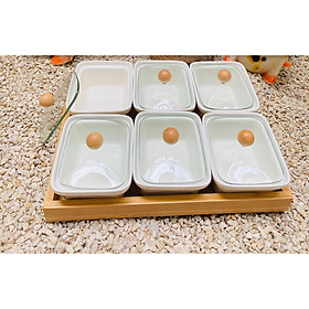 Bộ đựng mứt sứ trắng khay gỗ 6 ngăn