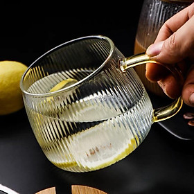 (SẴN) Cốc vân sọc bầu quai vàng 450ml thủy tinh chịu nhiệt (glass broslicate ko chì) - Ly cốc sinh tố tiêu chuẩn xuất Âu