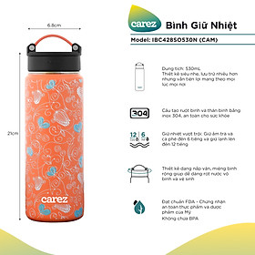 Bình Giữ Nhiệt Carez IBC428SO530N - MÀU CAM - 530ml, Inox 304, Không chứa BPA - Giữ nóng đến 6 tiếng, giữ lạnh đến 12 tiếng - Hàng chính hãng