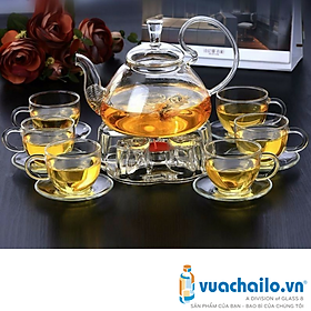 Mua BỘ ẤM CHÉN THỦY TINH PHA TRÀ 6 CỐC  6 ĐĨA  ĐẾ CHÂM NẾN VA KHAY TRE - ANVD127