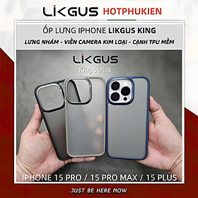Ốp lưng chống sốc lưng nhám chống vân tay cho iPhone 15 Pro Max iP 15 Pro 15 Plus hiệu Likgus KING - viền camera kim loại, cạnh cao su chống sốc, chống mồ hôi tay - Hàng nhập khẩu - Màu Đen - iPhone 15 Plus