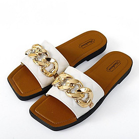 Mules Slides On Chunky Chain Summer Sandals Sliders Ladies Womens Size Flat Slip Color: White Shoe Size: 40