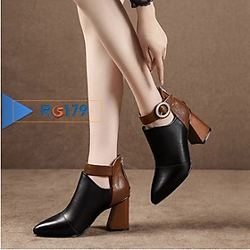 Boot thời trang nữ phối màu cao cấp ROSATA RO179 7p gót trụ - Đen nâu - HÀNG VIỆT NAM - BKSTORE