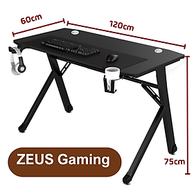 Bàn Gaming ZEUS tích hợp 2 nắp luồn dây điện có giáp Led, Bàn làm việc Gaming đầy đủ phụ kiện 2 kích thước 1m2 và 1m4