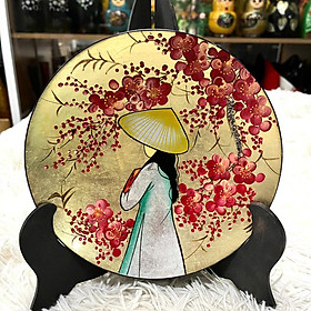 Dĩa sơn mài cao cấp Thanh Bình Lê họa tiết hoa đào, cô gái đào