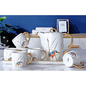 Bộ ấm chén kèm khay pha trà cà phê trắng họa tiết chim bói cá