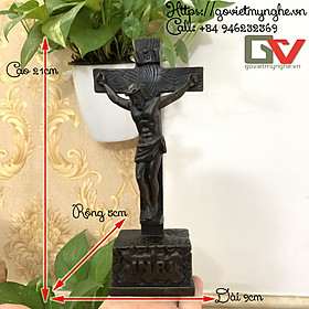 Tượng đá trang trí cây thánh giá hình chúa Jesus với chữ INRI - Chiều cao 21cm - Màu nâu đen