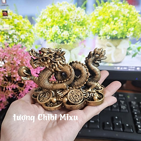 Tượng Rồng cuộn cầm ngọc sơn giả đồng, Rồng nhả ngọc phong thủy 11cm, Tượng đá trang trí Rồng phong thủy Giàu có Quà tặng Đồ trang trí