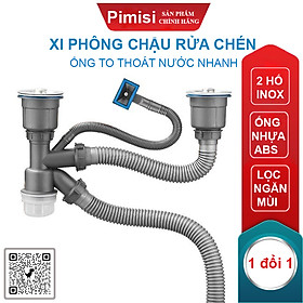 Xi Phông Chậu Rửa Chén Bát 2 Hốc Phi 110 Pimisi Cao Cấp Đầu Bầu Inox 304 - Dùng Để Xả Thải Nước Chậu Rửa Bát Đôi Dập Đúc Loại Ống Thải Nước To Bằng Nhựa Chun Uốn, Bầu Chống Mùi Hôi Và Giảm Dầu Mỡ Xuống Ống Dẫn - Có Đầu Thoát Tràn | Hàng Chính Hãng