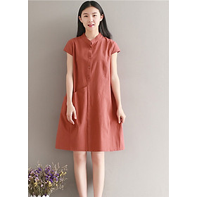 Đầm suông chất đũi cổ trụ phối túi bên hông, chất vải mềm mát thích hợp mùa hè, thời trang Hàn Quốc
