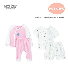 Combo sơ sinh 03, 2 bộ quần áo dài tay và ngắn tay nhiều màu sắc cho bé sơ sinh Boube, Vải petit mềm mịn, thoáng mát