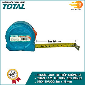 Thước cuộn thép nền vàng dài 3m-8m TOTAL - TMT34316, TMT34519, TMT34825, nhựa ABS cao cấp, đơn vị đo là cm và inch