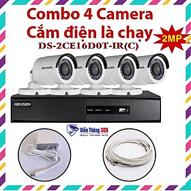 Trọn bộ 4 Camera 2MP DS-2CE16D0T-IR+ Đầu ghi hình 7204HGHI, có sẵn phụ kiện