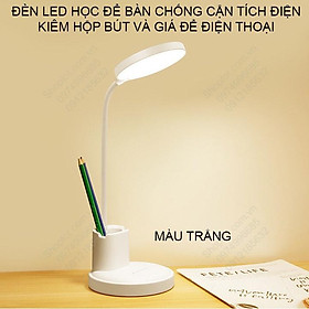 Đèn led học chống cận, tích điện, có hộp để bút và giá để điện thoại, ánh sáng 3 màu, điều chỉnh độ sáng vô cấp