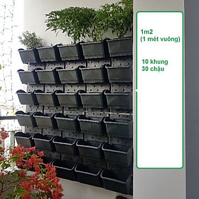 Khung chậu nhựa trồng cây trồng rau trồng hoa trên tường - Màu Đen (10 khung + 30 chậu) 1m2 Vườn tường HOLO