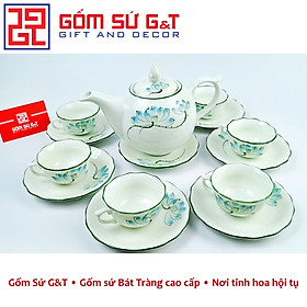 Bộ trà chóp lửa men kem vẽ sen xanh Gốm Sứ G&T