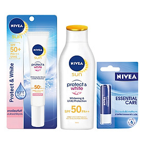 Combo Nivea: Serum Chống Nắng Và Dưỡng Trắng Da Sun SPF50 PA+++ 86014 (30ml) + Sữa Chống Nắng Và Dưỡng Trắng Da Toàn Thân SPF50 PA++ 85797 (50ml) + Son Dưỡng Ẩm 85061 (Tặng Khăn Tắm Nivea Trị Giá 80k)