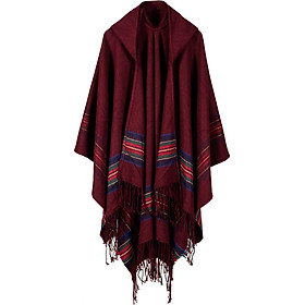Khăn Choàng PONCHO Nữ Kèm Mũ Trùm Đầu Viền Sọc Dành