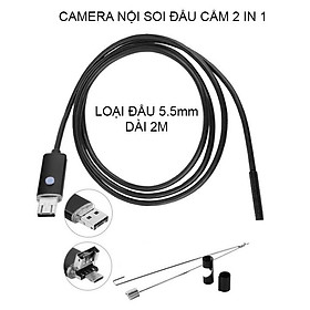 Camera nội soi 5.5mm đầu kết nối 2 trong 1 (hỗ trợ điện thoại Android và máy tính), dài 1-2-5m tùy chọn