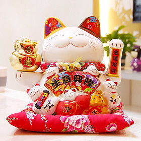 Mua Mèo Thần Tài tay vẫy 25cm - Bụng quạt Ngũ Phúc tay cầm 2 thỏi vàng (tặng kèm 50 xu vàng mini may mắn) MIXU014