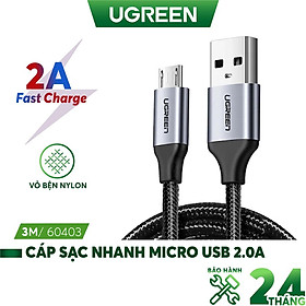 Dây cáp sạc nhanh Micro USB Ugreen US290 dài 3m, vỏ sợi bện siêu bền - Hàng nhập khẩu chính hãng