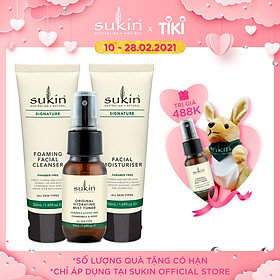 Bộ Dùng Thử 3 Bước Chăm Da Cơ Bản Sukin Signature Mini Chăm Sóc Da Mặt Sukin Sữa rửa mặt 50ml + Xịt Phun Sương Hoa Hồng 50ml + Kem Dưỡng Ẩm 50ml