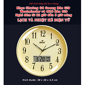 Đồng hồ NHẠC CHUÔNG BÁO GIỜ WESTMINSTER – LỊCH Vạn Niên và NHIỆT KẾ Điện tử – Máy Kim Trôi EASTAR - Mặt Tròn Viền Mỏng 38cm - Bảo Hành 1 Năm – Tặng 4 Pin Maxell