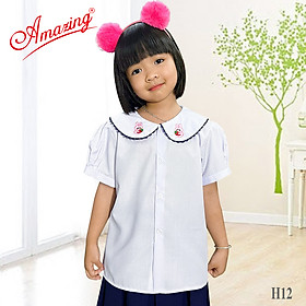 Áo trắng học sinh nữ tiểu học, cổ lá sen thêu nhiều mẫu rất xinh, tay bồng, vải KT silk mềm mượt mát