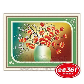 Tranh thêu chữ thập 3d Bình hoa poppy nền đỏ  chưa thêu