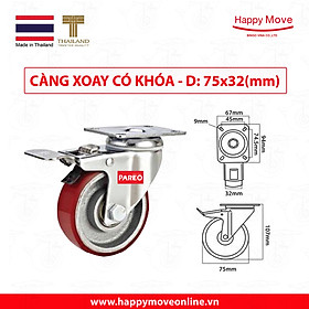 Bánh xe đẩy PU cốt gang càng xoay 360 có khóa 75-100-125mm - Happy Move Thái Lan