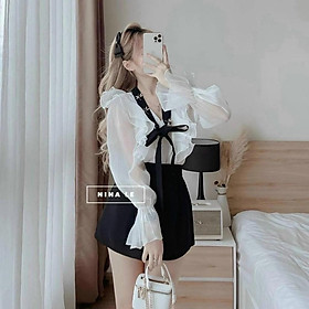 Set bộ đồ nữ áo kiểu tay dài bèo vai phối quần short đùi tinh tế sang chảnh thiết kế dự tiệc dạo phố
