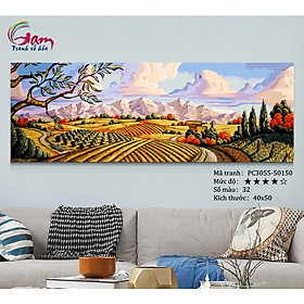 Tranh số hoá tự tô theo số phong cảnh cánh đồng khổ lớn 50x150cm không khung  PC3055