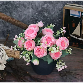 bó hoa hồng Juliet lụa cao cấp 5 bông 4 nụ kèm quả điểm trang trí phòng khách, cửa hàng siêu đẹp Flowermini HH-504