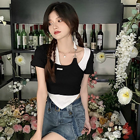 Áo Thun Tay Ngắn vạt nhọn Phối Dây Xích Màu Sắc Tương Phản Độc Đáo, Áo Thun Croptop phối màu gắn dây xích Cổ Vuông Họa Tiết Sọc Màu Sắc Phong Cách 