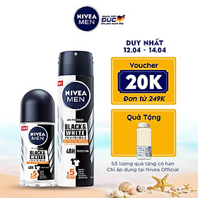 Bộ đôi Lăn Ngăn Mùi NIVEA MEN Black & White Ngăn Vệt Ố Vàng Vượt Trội 5in1 (50ml) - 85392 & Xịt Ngăn Mùi NIVEA MEN Black & White Ngăn Vệt Ố Vàng Vượt Trội 5in1 (150ml) - 85388
