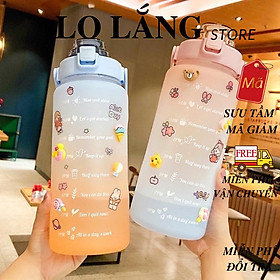 [TẶNG STICKERS] Bình đựng nước 2L dễ thương chia vạch báo giờ nhắc uống nước có ống hút tiện lợi cao cấp