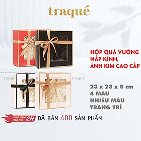 Hộp quà hình vuông viền kim vàng + giấy lót rơm & ruy băng gói quà tặng sinh nhật, tân gia