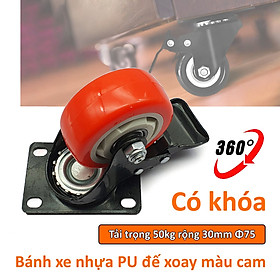 Bánh xe đẩy mặt đế xoay càng sắt tải trọng 50kg lốp cam trắng rộng 30mm