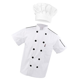 Men’s White Five Star Chef Jacket Hat Set Hotel Kitchen Apparel Coat Cook Waiter Uniform L Chef Cap