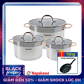 Bộ 3 Nồi Inox Cao Cấp 5 đáy Nagakawa NAG1352 (16cm, 20cm, 24cm) Dùng Cho Mọi Loại Bếp - Hàng Chính Hãng