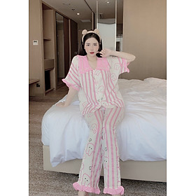 Hình ảnh Đồ Bộ Pijama Nữ , Đồ Bộ Mặc Nhà Nữ Tay Ngắn, Quần Dài Chất Lụa Cao Cấp, Không Nhăn DBTNQD34