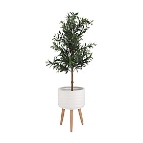 Mua Chậu trang trí bằng sành DEARO hình trụ tròn màu trắng kết hợp chân đỡ bằng gỗ  kích thước 35x50cm (RxC) | Index Living Mall - Phân phối độc quyền tại Việt Nam