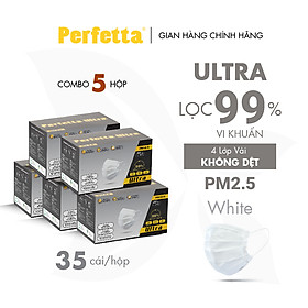 [Combo 5 HỘP - PERFETTA ULTRA] - Khẩu Trang Y Tế Chất Lượng Cao, Kháng Khuẩn, Chống Bụi Mịn PM 2.5, Màu Trắng, 4 Lớp, Bảo Vệ Tối Ưu, Đóng Gói Từng Cái - (35 cái/ hộp)