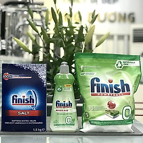 Combo Viên rửa bát Finish Eco 0%70 viên + Bóng Finish Eco 400ml + Muối Finish 1,5kg